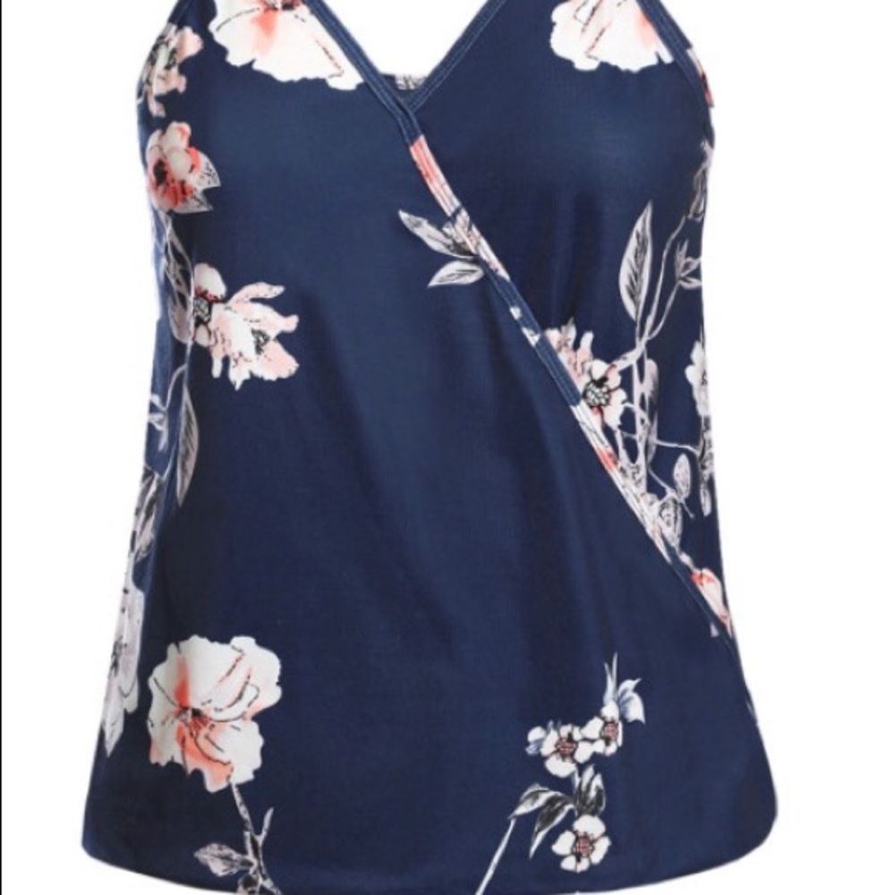 Strappy Tropical Blue Floral Print Casual Fit Hammock Neck Tank Top Wra… - Picture 3 of 4